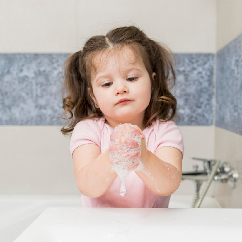 девочка ребенок моет руки мыло пена